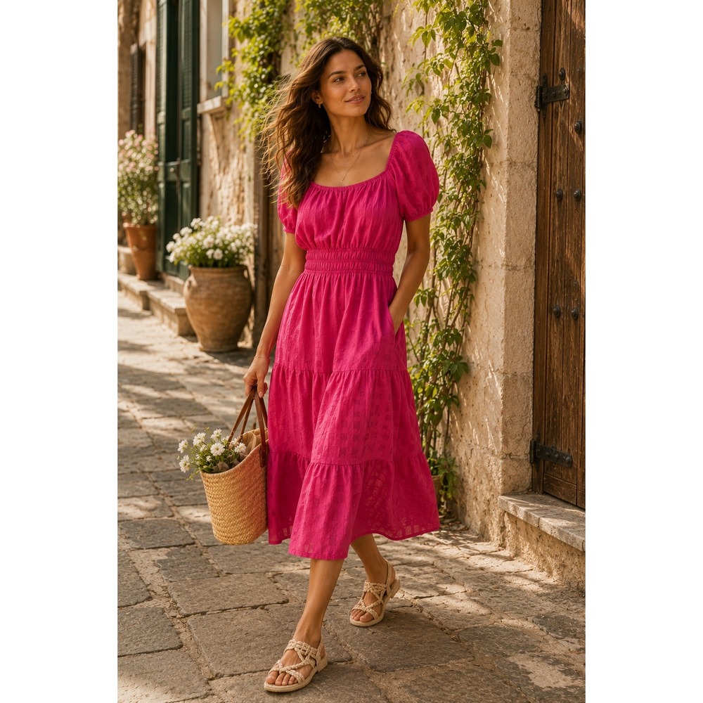 NWT Anthropologie FRANCESCA TIERED Midi Dress Women S Pink Smocked Puff Sleeve